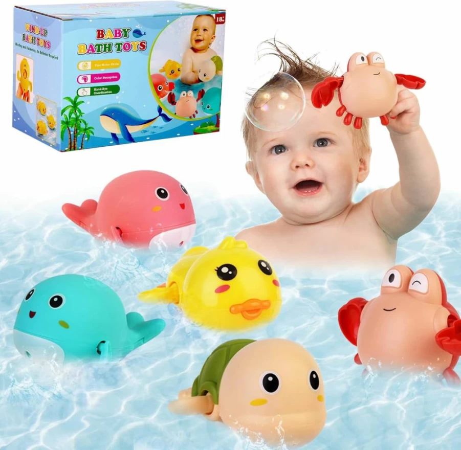 FICCURYS Wind Up Bath Toys for Babies & Toddlers - 5 Pcs Floating Water Toys Set (Dolphins, Crabs, Turtles, Ducks) - Fun Bathtub & Pool Toys for Boys & Girls