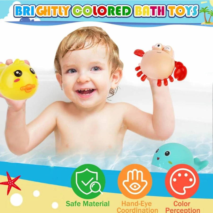 FICCURYS Wind Up Bath Toys for Babies & Toddlers - 5 Pcs Floating Water Toys Set (Dolphins, Crabs, Turtles, Ducks) - Fun Bathtub & Pool Toys for Boys & Girls