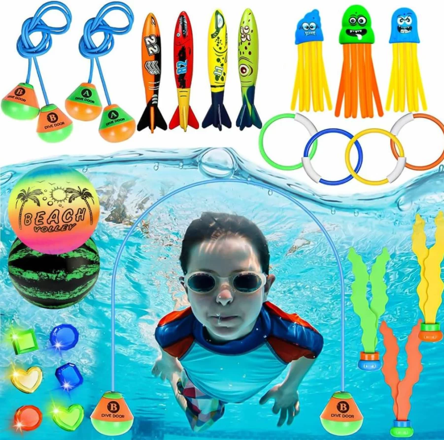 Infowush 24-Piece Pool Diving Toys Set for Kids Ages 4-12 - Swim Thru Rings, Diving Gems, Jellyfish, Torpedoes & Floating Balls for Summer Water Games