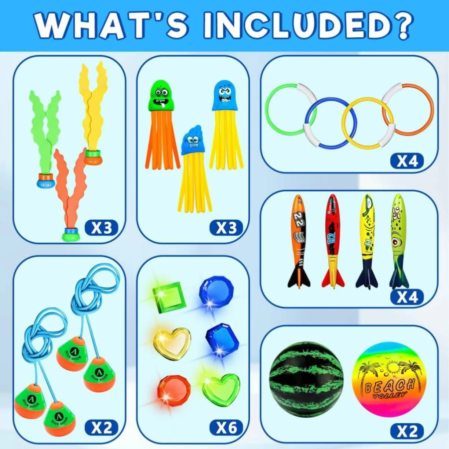 Infowush 24-Piece Pool Diving Toys Set for Kids Ages 4-12 - Swim Thru Rings, Diving Gems, Jellyfish, Torpedoes & Floating Balls for Summer Water Games
