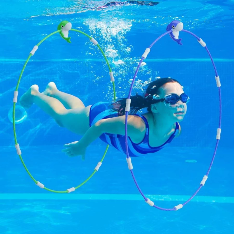 HuToYii 2 Pack Fun Pool Diving Rings for Kids - Swim Through Underwater Toys for Swimming Training & Pool Games, Detachable Summer Toys with Storage Bag for Boys & Girls Ages 4-12 (Mixed Colors)