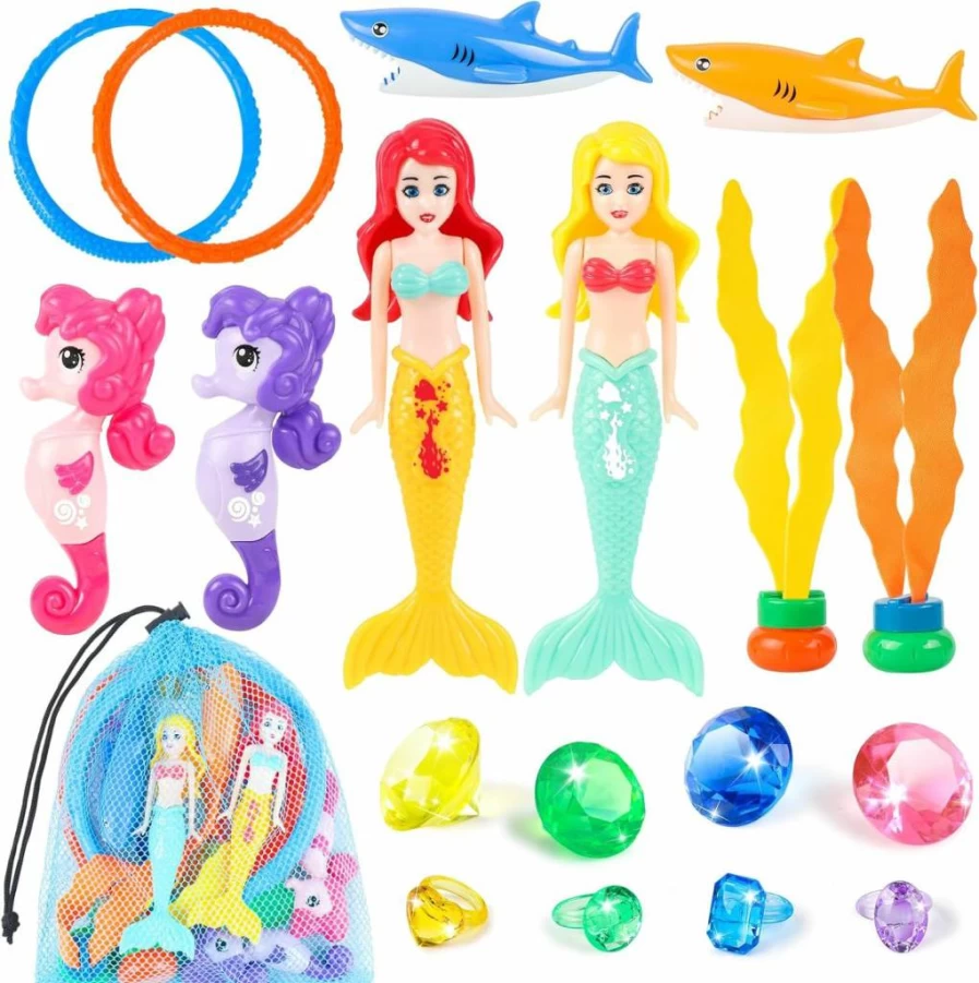 HUUIDY Mermaid & Seahorse Pool Toys for Kids Ages 4-12 - 20-Piece Diving Set with Rings, Gems & Storage Bag for Swim, Beach & Water Play - Summer Bath Toys for Toddlers & Children