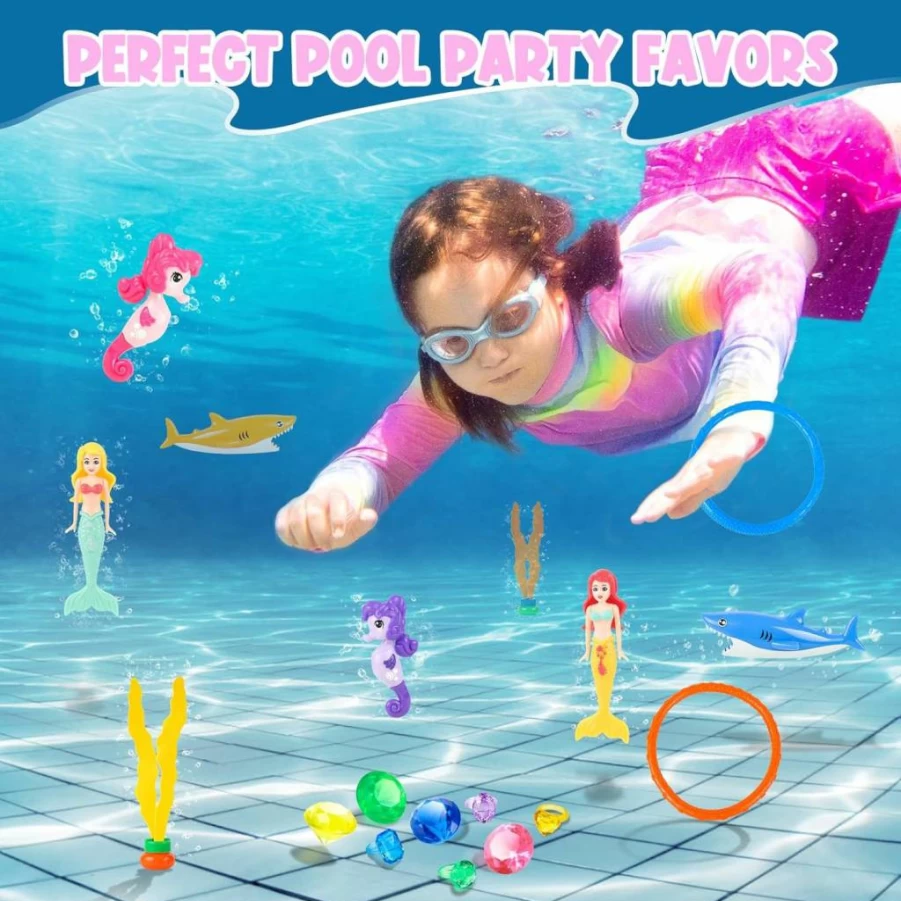 HUUIDY Mermaid & Seahorse Pool Toys for Kids Ages 4-12 - 20-Piece Diving Set with Rings, Gems & Storage Bag for Swim, Beach & Water Play - Summer Bath Toys for Toddlers & Children