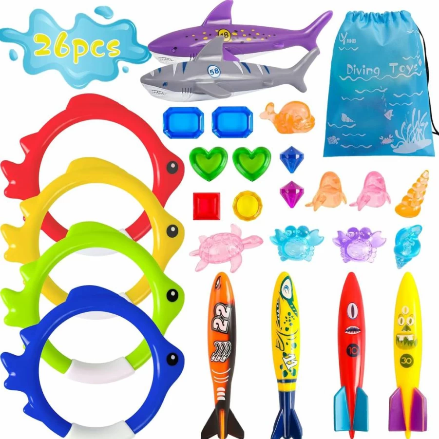 YMHB 26-Piece Kids Diving Pool Toys Set with Storage Bag - Dive Rings, Torpedoes, Sea Creatures & Gems for Summer Water Fun