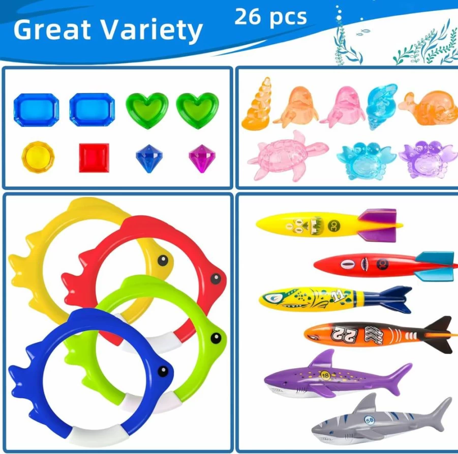 YMHB 26-Piece Kids Diving Pool Toys Set with Storage Bag - Dive Rings, Torpedoes, Sea Creatures & Gems for Summer Water Fun