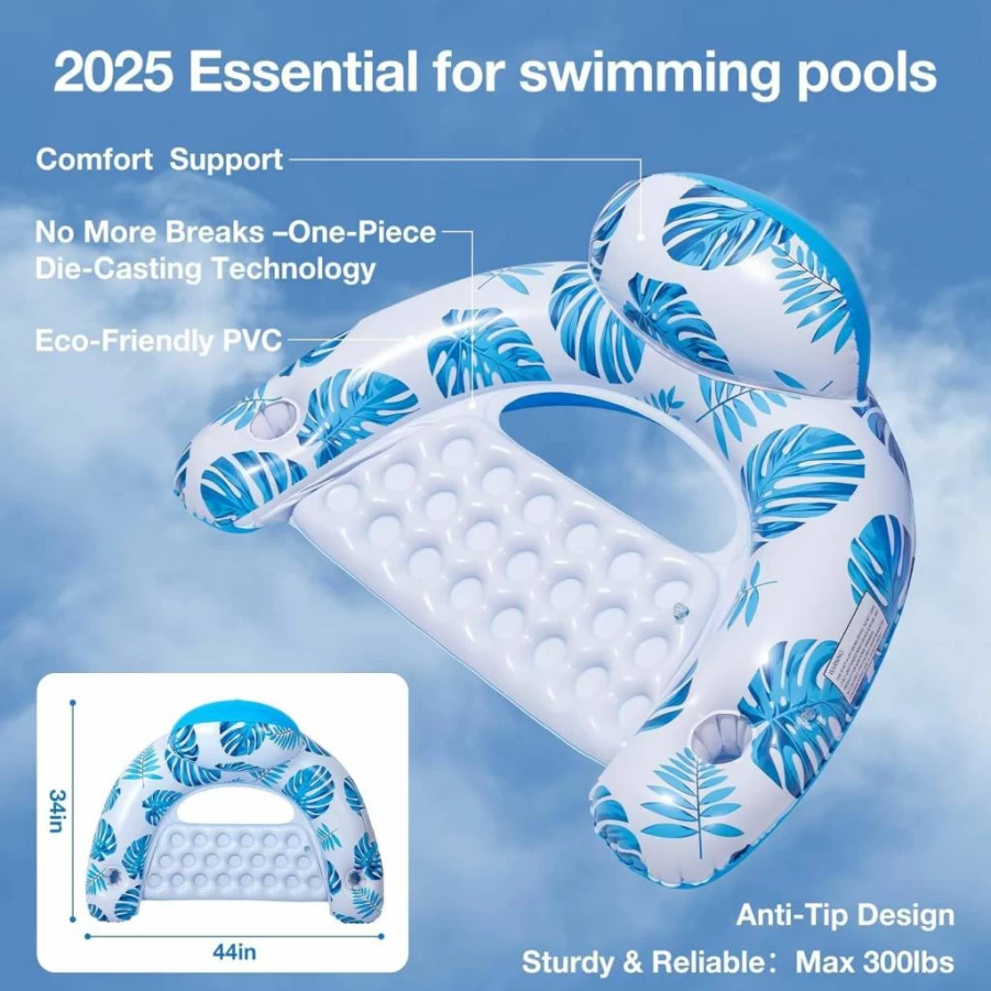 Etegow 2025 Upgraded Inflatable Pool Lounge Chair with Cup Holder - Adult Floating Raft for Pool, Beach, Lake, Backyard Party - Includes 2 Repair Patches