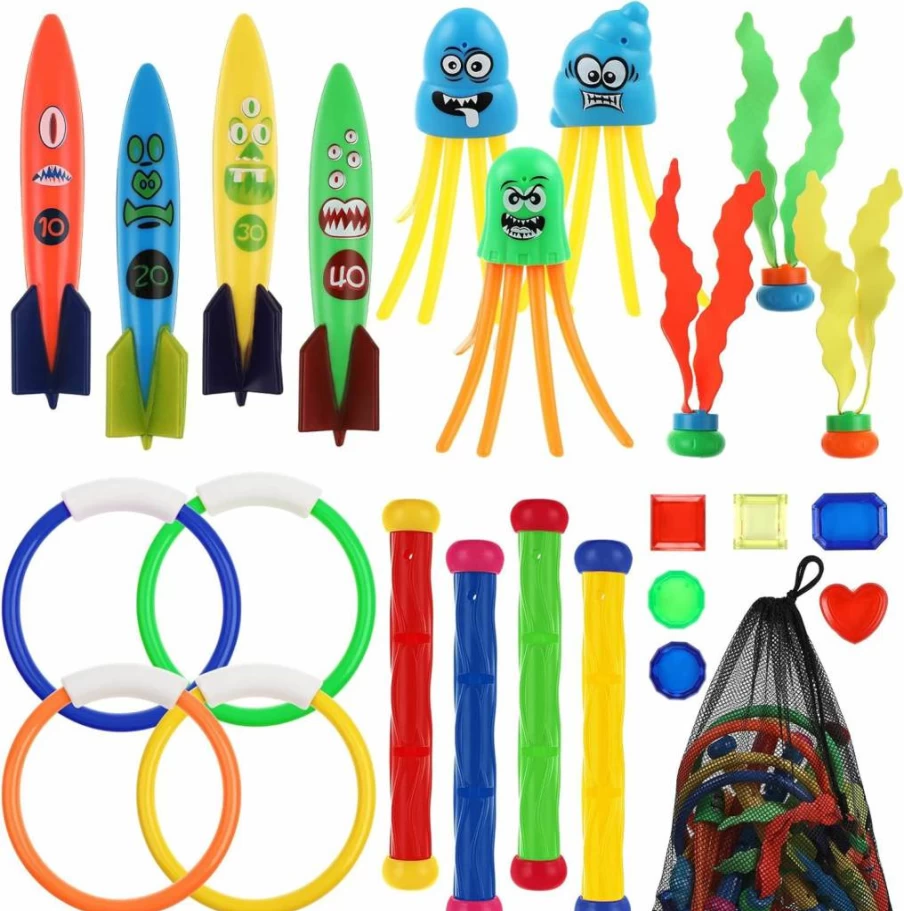 BILLMOSS 24-Piece Diving Pool Toys Set for Kids and Dogs - Underwater Swimming Treasure Hunt Game with Storage Bag