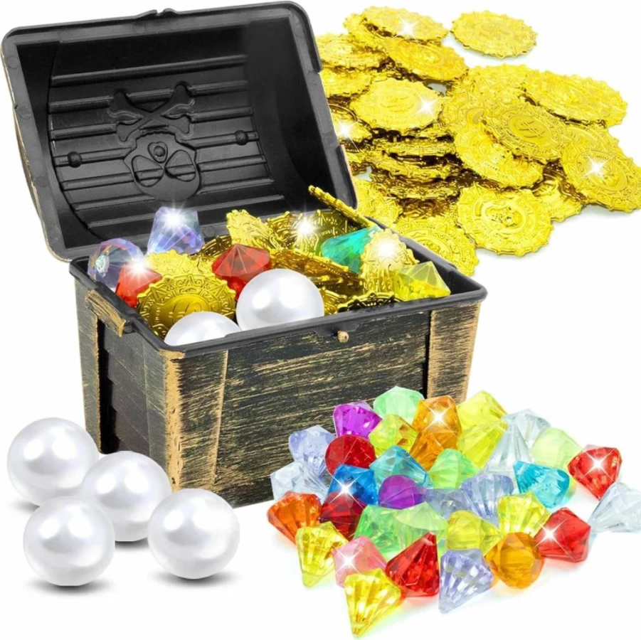Intoypad 80 Pcs Pirate Treasure Pool Toys Set - 35 Gemstones, 40 Gold Coins, 4 Pearls for Kids Water Dive Training & Swim Games Ages 4-12
