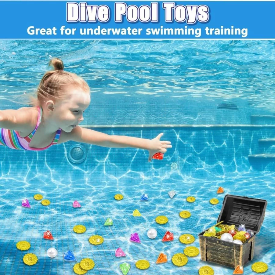 Intoypad 80 Pcs Pirate Treasure Pool Toys Set - 35 Gemstones, 40 Gold Coins, 4 Pearls for Kids Water Dive Training & Swim Games Ages 4-12