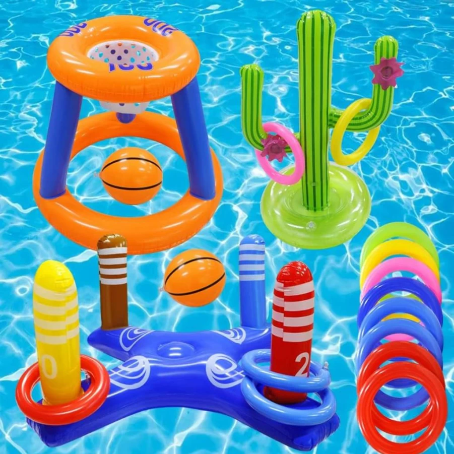 GEMLE Pool Toys Set - Inflatable Basketball Hoop, Cross Ring Toss Game, and Cactus Toy for Kids, Teens, Adults - 3-Piece Water Games for Family Fun