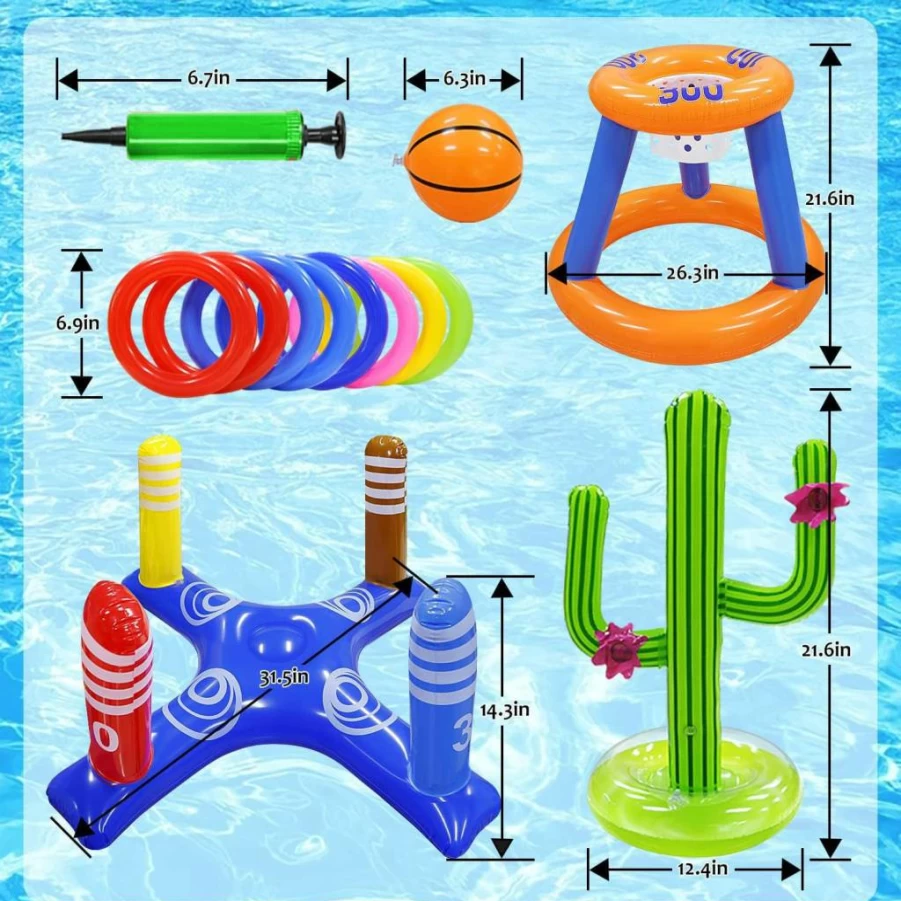 GEMLE Pool Toys Set - Inflatable Basketball Hoop, Cross Ring Toss Game, and Cactus Toy for Kids, Teens, Adults - 3-Piece Water Games for Family Fun