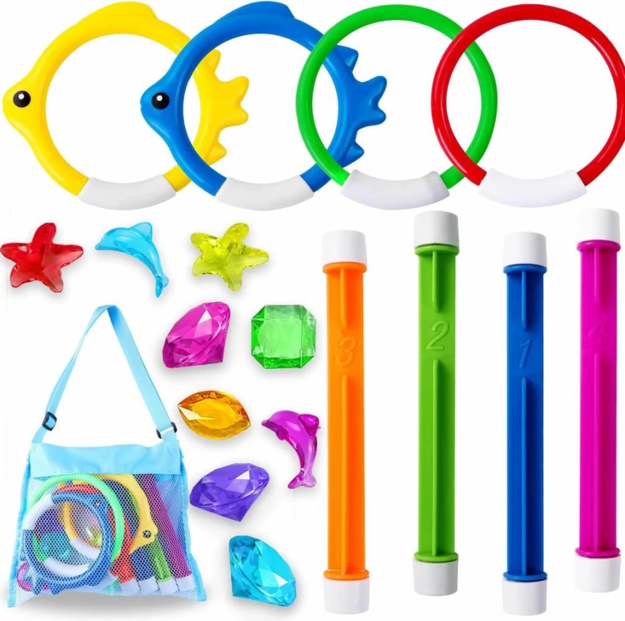 YUJUN 18-Piece Pool Toy Set for Kids - Dive Sticks, Floating Fish, Rings, Gems with Storage Bag - Fun Swimming Pool Games for Summer & Birthday Parties