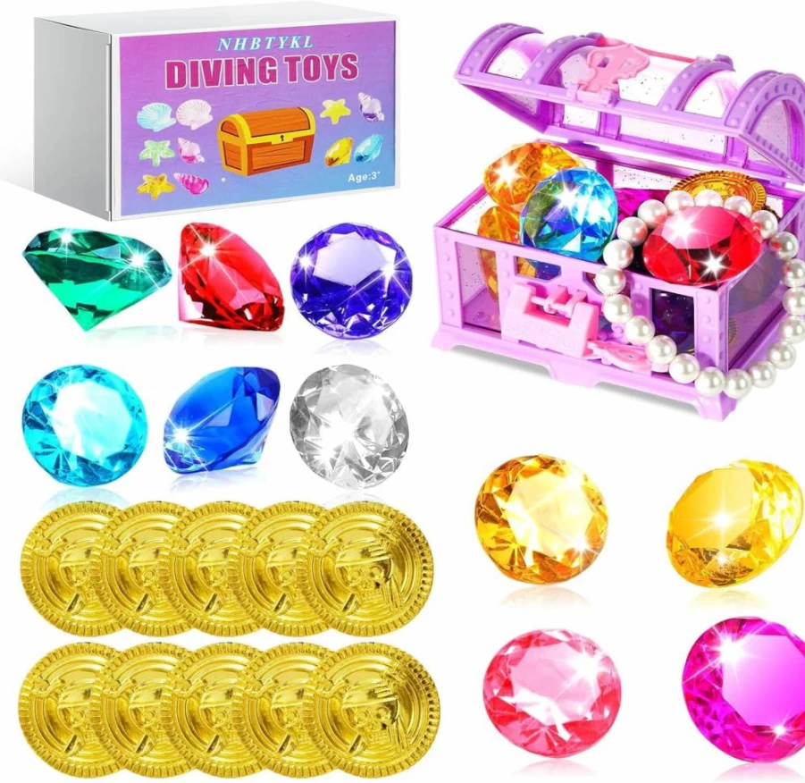 NHBTYKL Pirate Treasure Chest Pool Toys Set - Colorful Diving Gems, Gold Coins & Underwater Diamonds for Kids Swimming Training, Birthday Party Favors