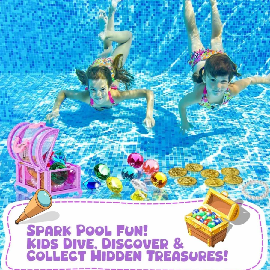 NHBTYKL Pirate Treasure Chest Pool Toys Set - Colorful Diving Gems, Gold Coins & Underwater Diamonds for Kids Swimming Training, Birthday Party Favors