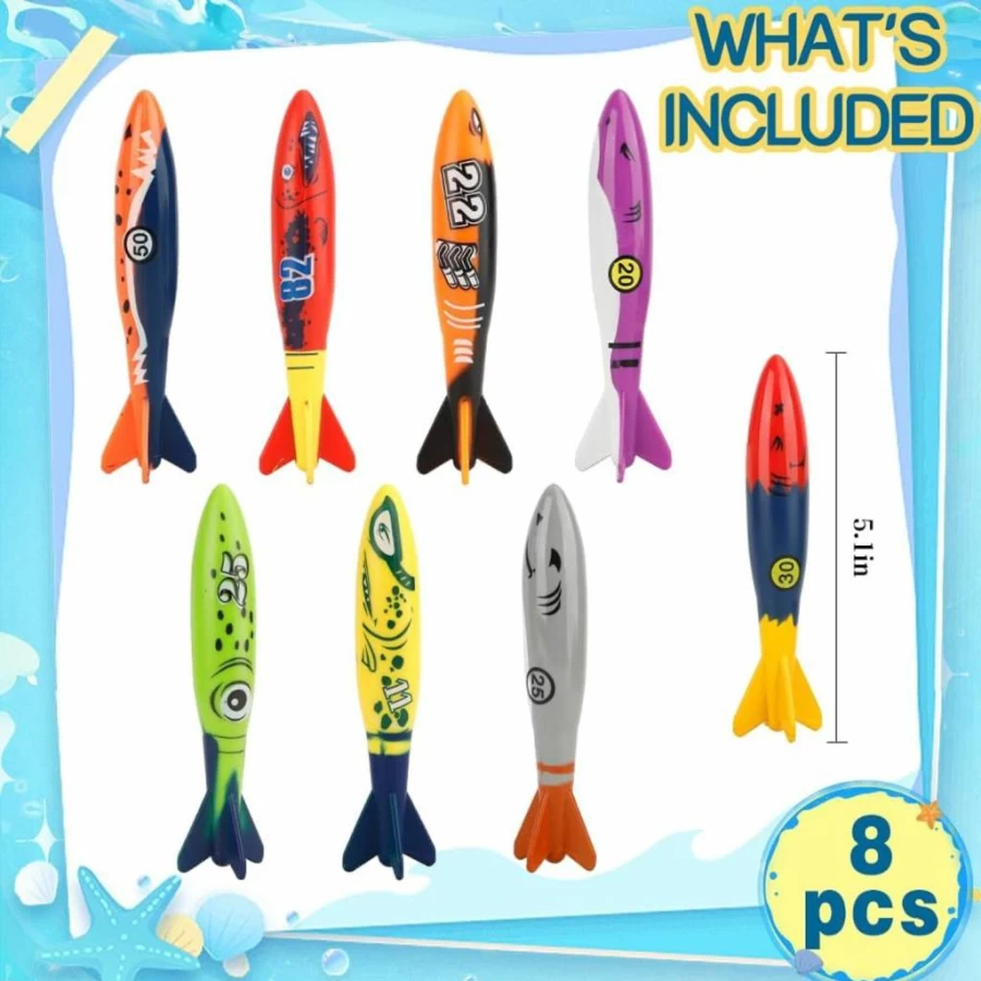 Rugwioyu 8-Piece Diving Torpedo Pool Toys for Kids Ages 4-8, Fun Bath & Beach Water Play Accessories for Summer Swimming Parties, Ideal Gift and Must-Have Pool Game Supplies