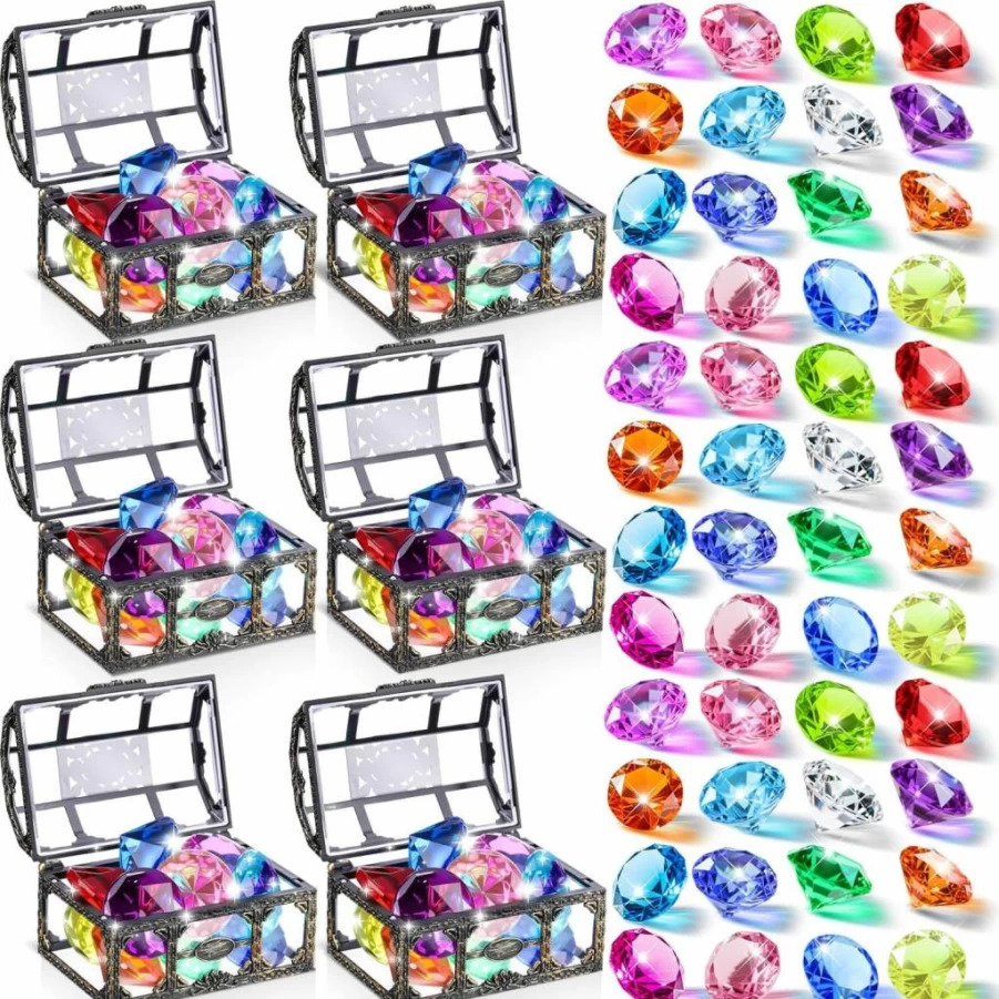 Seenelling 100-Piece Diving Gemstones Set with 6 Treasure Chests – Kids Pool Toys for Underwater Diving, Swimming Training, and Pirate-Themed Summer Party Favors
