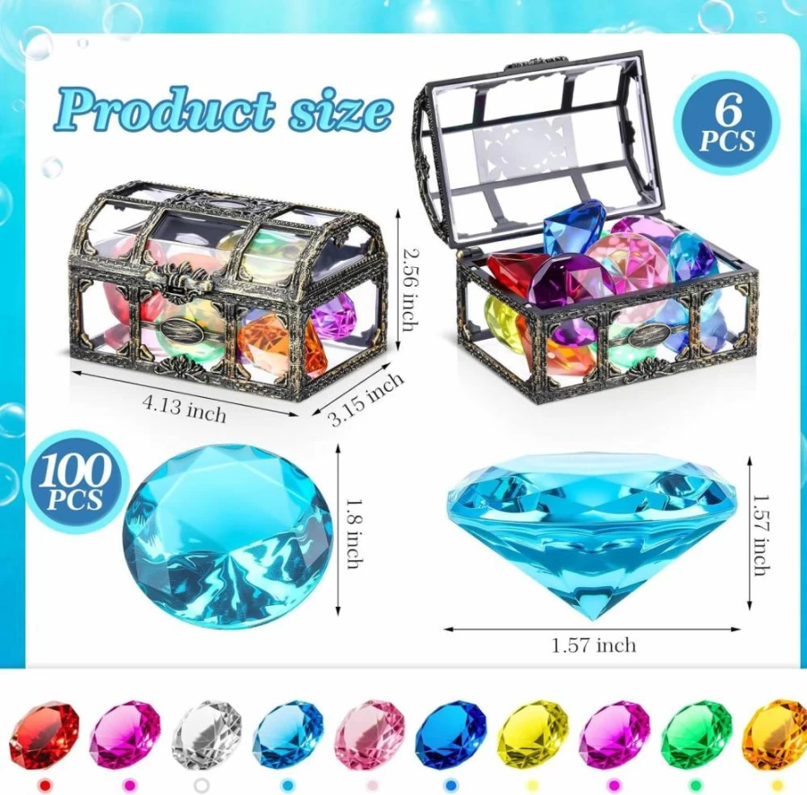 Seenelling 100-Piece Diving Gemstones Set with 6 Treasure Chests – Kids Pool Toys for Underwater Diving, Swimming Training, and Pirate-Themed Summer Party Favors