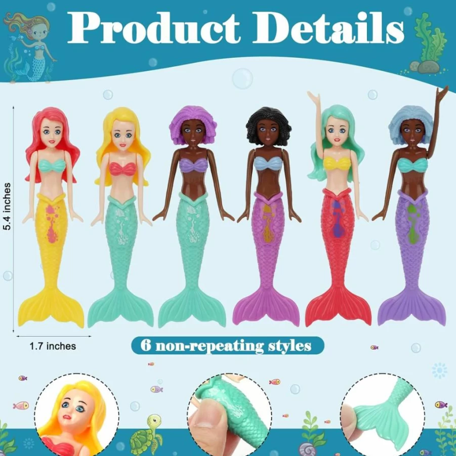 HEYTIMI 10 Pack Mermaid Dive Toys for Kids - Colorful Sinking Pool Toys for Toddlers Ages 3-12, Fun Bath & Swimming Pool Games for Summer, Non-Repeating Styles (Mixed Colors)