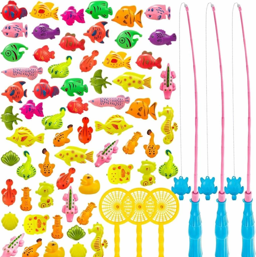 LHSYFBZ 62Pcs Magnetic Bath Toys for Kids Ages 4-8, Fun Fishing Game Set with Floating Fish, Pole Rod & Net, Perfect for Bathtub & Kiddie Parties