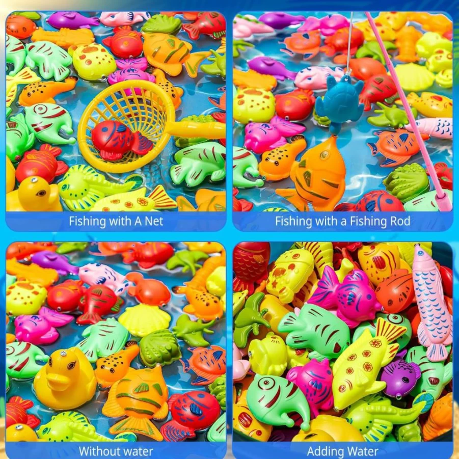 LHSYFBZ 62Pcs Magnetic Bath Toys for Kids Ages 4-8, Fun Fishing Game Set with Floating Fish, Pole Rod & Net, Perfect for Bathtub & Kiddie Parties