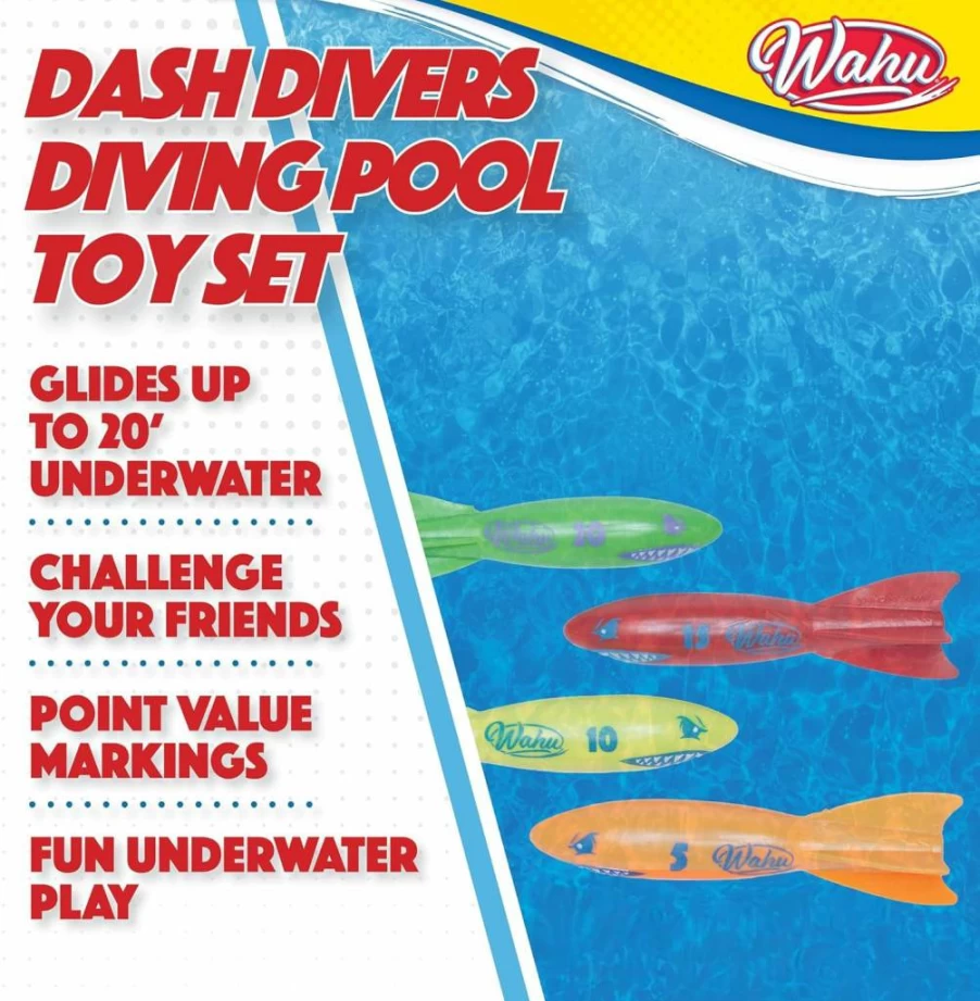 WAHU Pool Toys for Kids - 5" Diving Sticks & 4 Underwater Torpedoes Set, Glides Up to 20 Feet, Ages 5+ Swimming Game Accessories