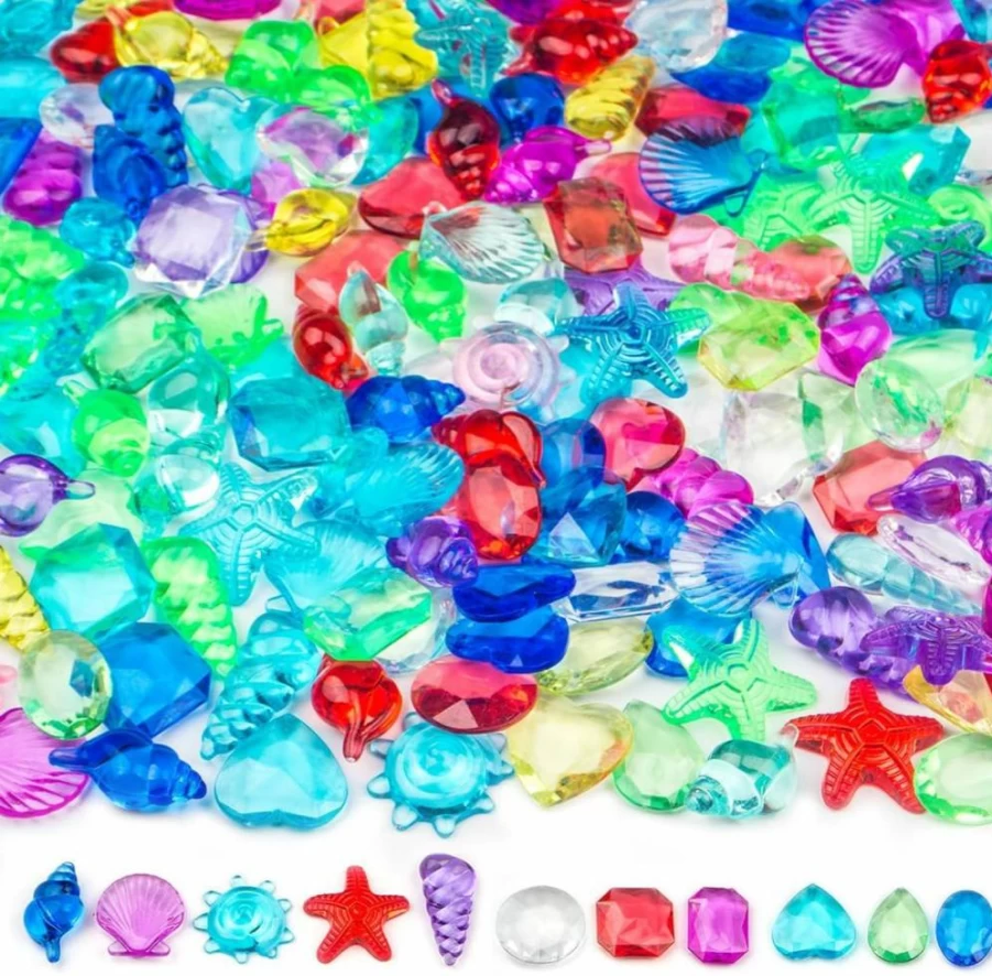 Prehalpty 200 Pcs Plastic Gemstones for Kids - 7 Styles 1" Fake Gems for Treasure Hunt, Pirate Toys, Mermaid Swim & Vase Fillers