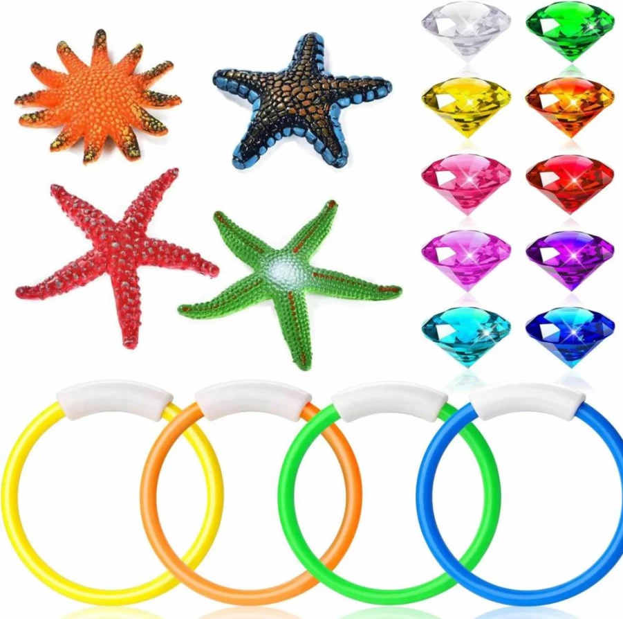 Mini Block Craft 18-Piece Diving Pool Toys Set - Colorful Underwater Rings, Starfish & Gemstones for Swimming Training, Summer Pool Games, Birthday Party Favors