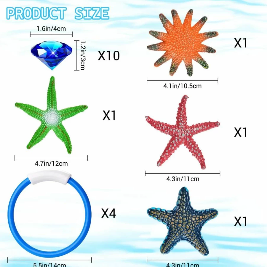 Mini Block Craft 18-Piece Diving Pool Toys Set - Colorful Underwater Rings, Starfish & Gemstones for Swimming Training, Summer Pool Games, Birthday Party Favors