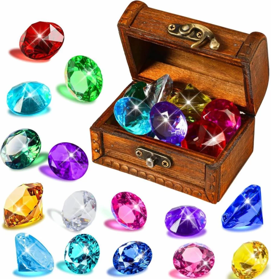 MARFOREVER 15-Piece Colorful Diving Gemstones Set with Wooden Treasure Chest - Pirate Pool Toys for Kids, Underwater Swimming Training, Summer Pool Games, and Fun Water Play Gifts