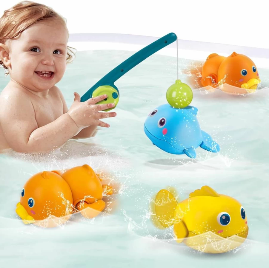 Dwi Dowellin Magnetic Fishing Bath Toys for Toddlers, Wind-Up Swimming Fish Duck Whale Floating Water Toys for Kids Baby Infant, Mold-Free Bathtub Games