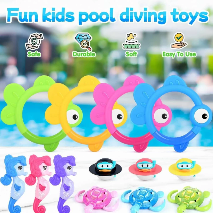 WeeHomm 9-Piece Kids Pool Diving Toys Set with Duck Float Rings and Dive Sticks for Outdoor Swimming Games Ages 4-12
