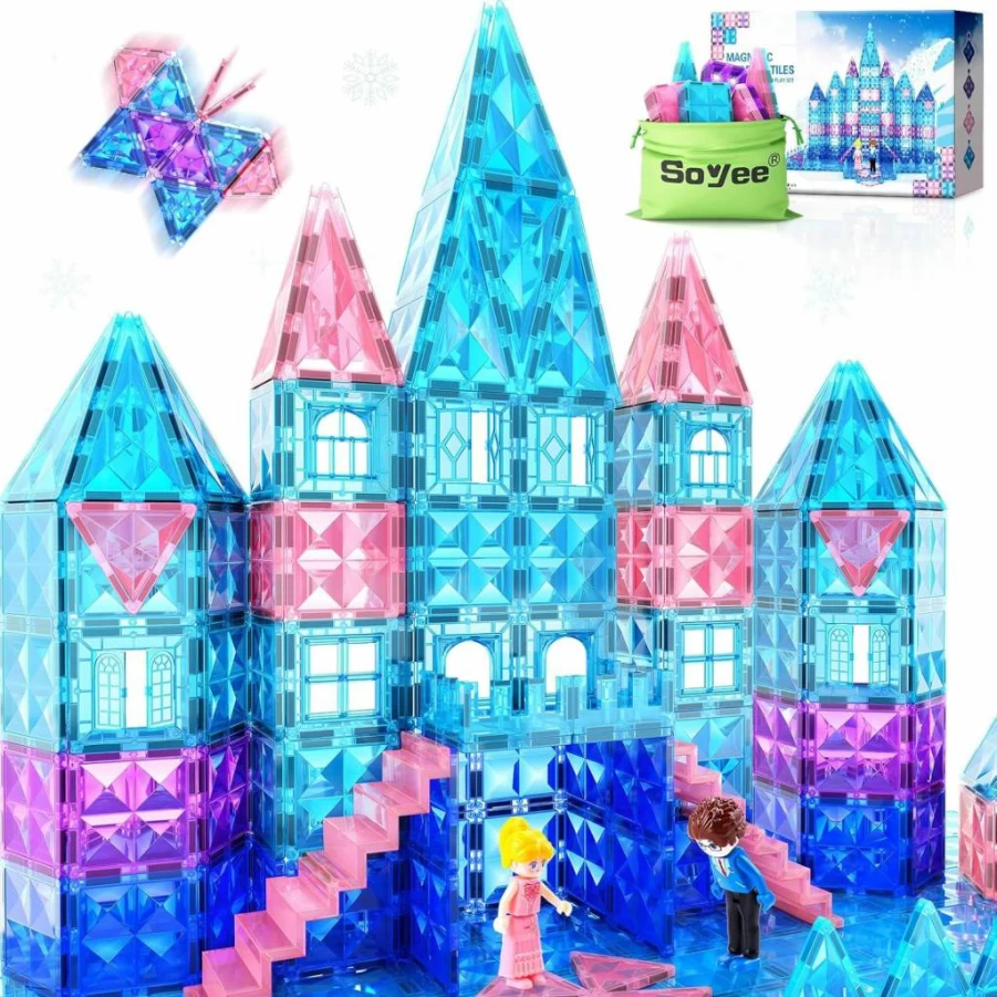 Soyee 102Pcs Magnetic Tiles Building Set with Stairs & Dolls - Princess Castle STEM Toys for Girls & Boys Ages 3-8 - Creative Educational Birthday Christmas Gift for Kids 4 5 6 7+ Year Old