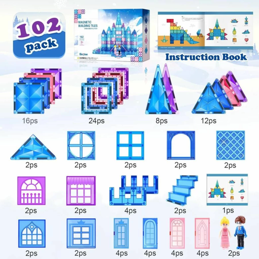 Soyee 102Pcs Magnetic Tiles Building Set with Stairs & Dolls - Princess Castle STEM Toys for Girls & Boys Ages 3-8 - Creative Educational Birthday Christmas Gift for Kids 4 5 6 7+ Year Old