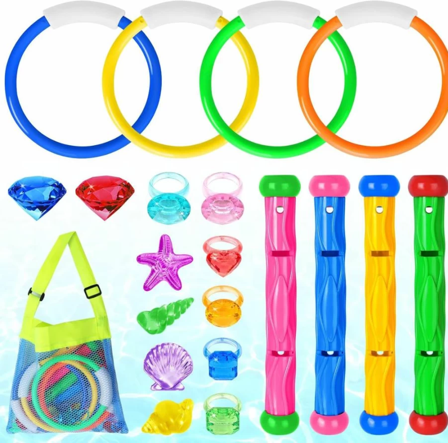 Feivando 20-Piece Underwater Pool Toys Set for Kids - Sinking Diving Rings, Sticks & Gems with Storage Bag - Summer Swim Training & Water Party Games