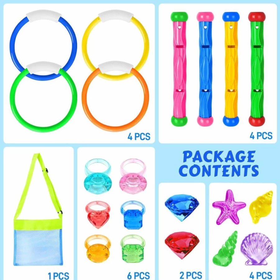 Feivando 20-Piece Underwater Pool Toys Set for Kids - Sinking Diving Rings, Sticks & Gems with Storage Bag - Summer Swim Training & Water Party Games