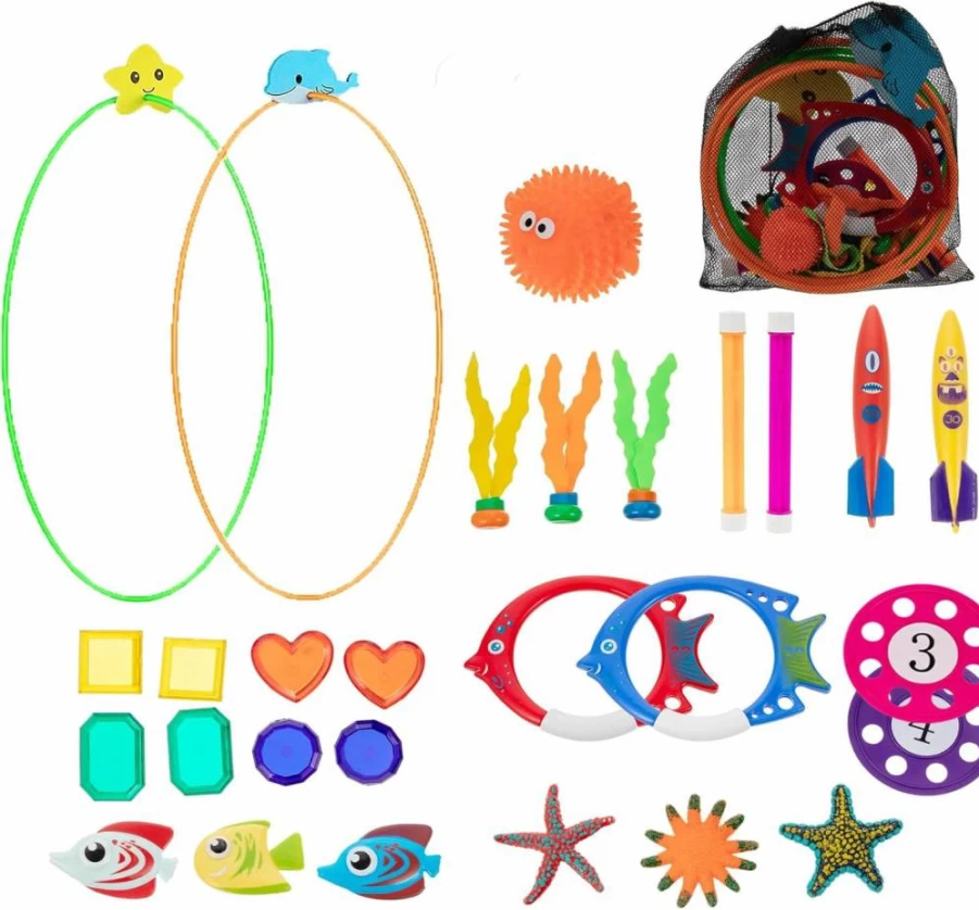 29Pcs JAZGROM Pool Toys Set for Kids Ages 4-12, Dive Sticks Swim Rings Water Games with Gems for Boys Girls Teens Adults, Summer Swimming Party Accessories