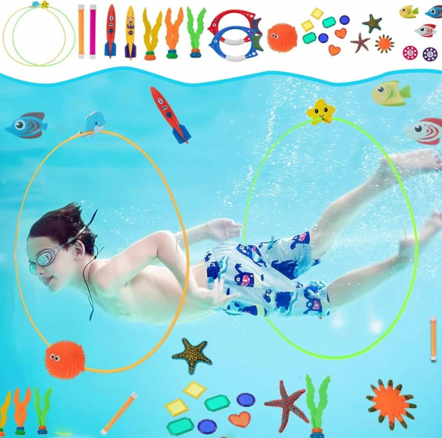 29Pcs JAZGROM Pool Toys Set for Kids Ages 4-12, Dive Sticks Swim Rings Water Games with Gems for Boys Girls Teens Adults, Summer Swimming Party Accessories