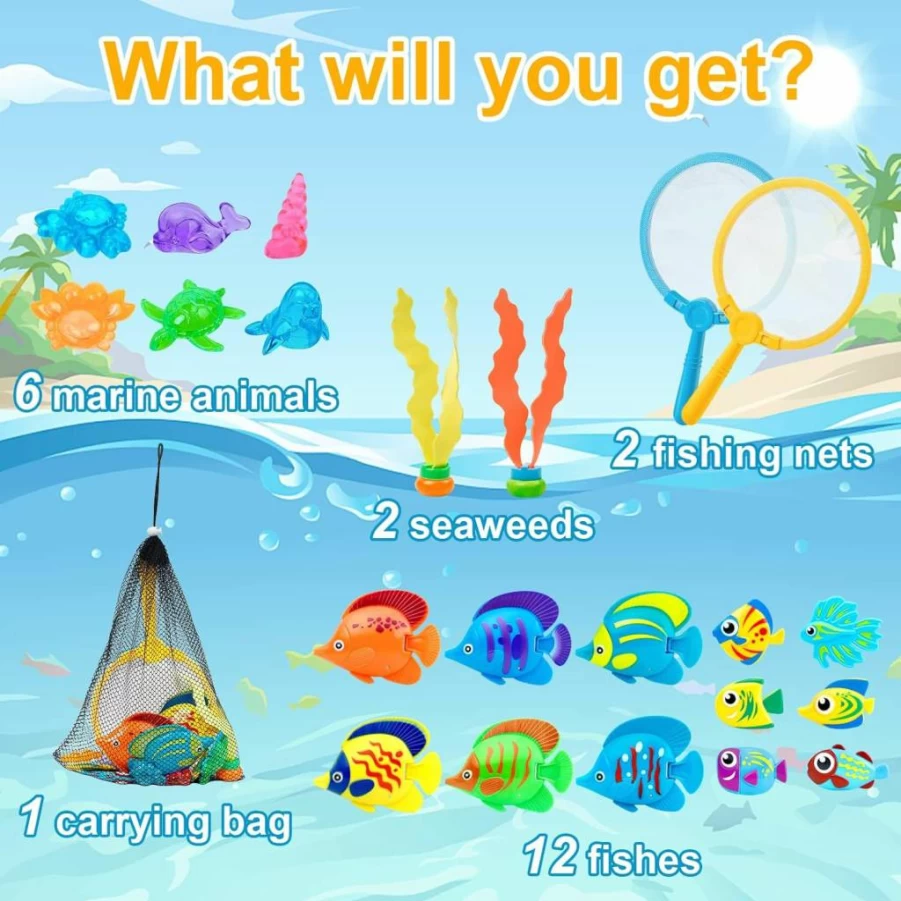 23 Pcs Korlon Tec Pool Toys for Kids - Dive & Grab Fishing Game Set, Fun Bath & Swimming Diving Toys for Summer Water Play