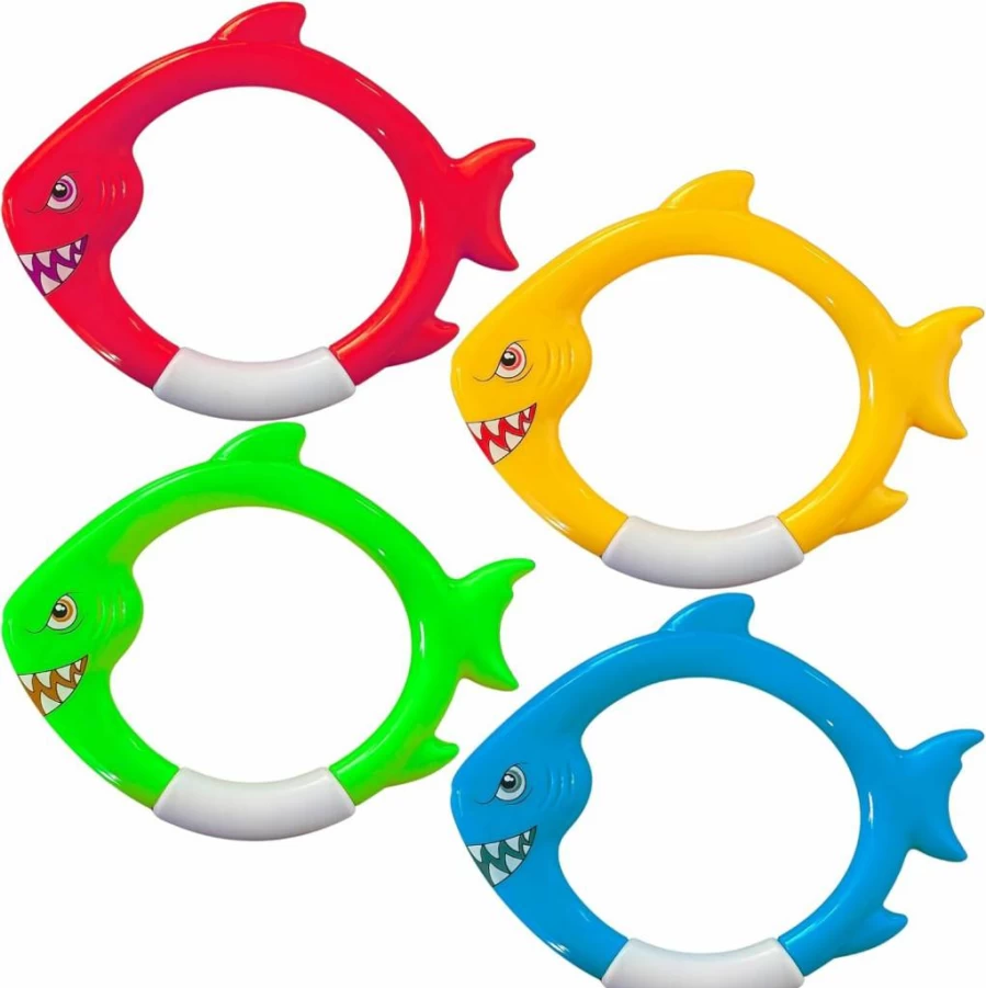 Haktoys 4-Pack Sinking Shark Dive Rings for Kids - Colorful Pool Toys for Swimming Training, Beach & Bath Play, Underwater Diving Games for Toddlers, Boys & Girls
