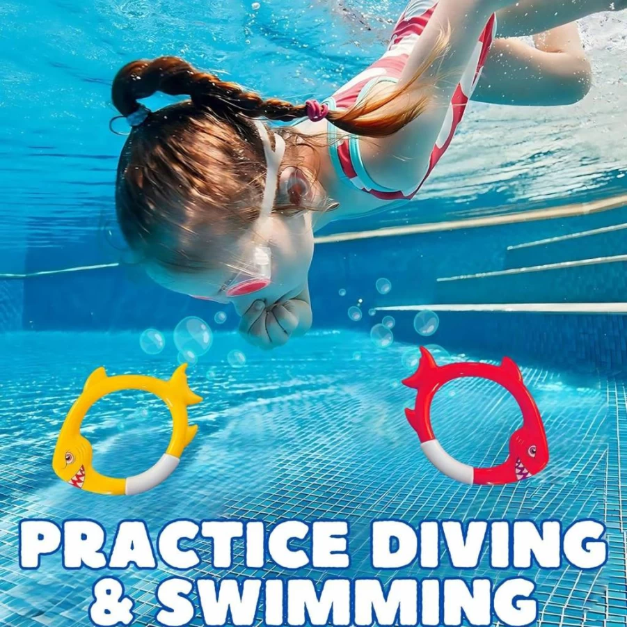 Haktoys 4-Pack Sinking Shark Dive Rings for Kids - Colorful Pool Toys for Swimming Training, Beach & Bath Play, Underwater Diving Games for Toddlers, Boys & Girls