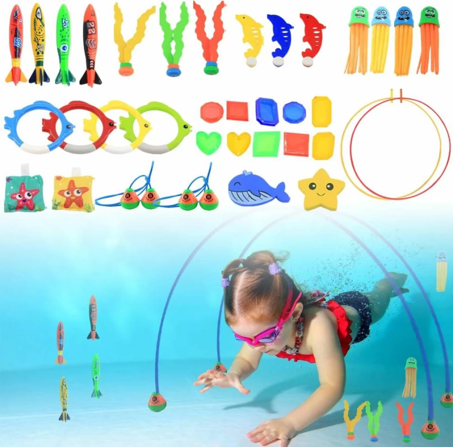 Timisea 35Pc Pool Diving Rings Set for Kids - Includes Jellyfish, Dolphin, Whale Toys & Diving Gate - Fun Swimming Game for Children Ages 3-14
