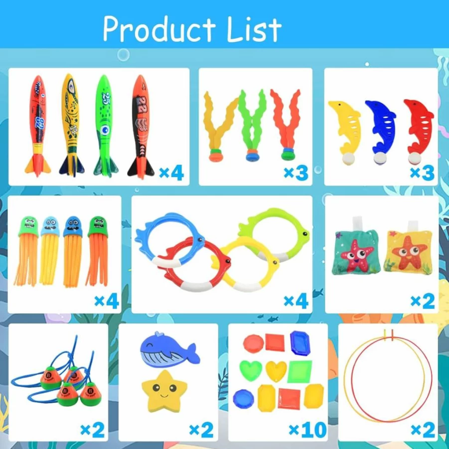 Timisea 35Pc Pool Diving Rings Set for Kids - Includes Jellyfish, Dolphin, Whale Toys & Diving Gate - Fun Swimming Game for Children Ages 3-14