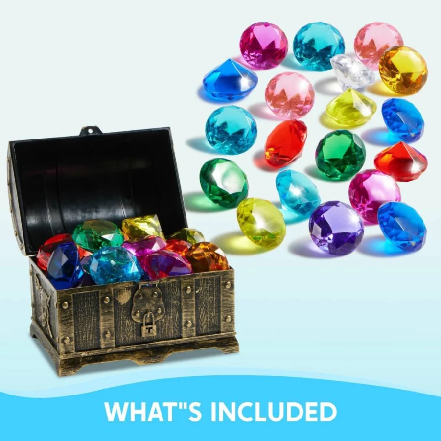 Sloosh 16-Piece Diving Gemstones Set with Treasure Chest - Colorful Underwater Pool Toys for Kids, Swimming Training Equipment, Fun Water Games Gift (Gold)