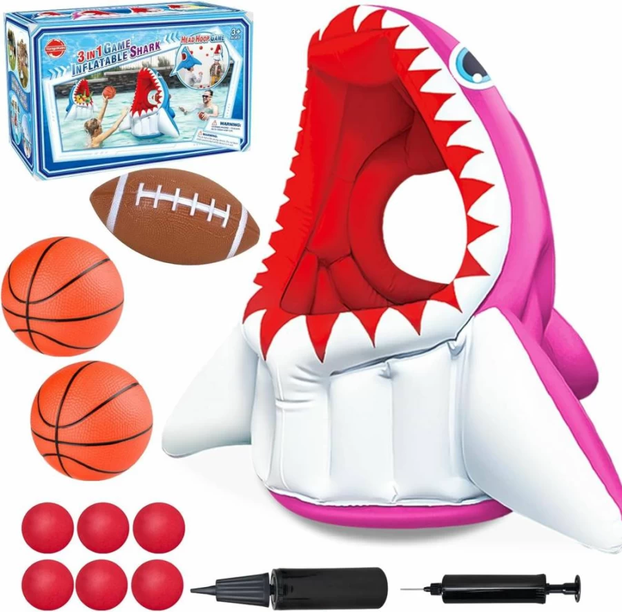 Tcvents 3-in-1 Inflatable Shark Pool Toys for Kids & Adults - Basketball, Football & Hoop Toss Water Games for Beach, Pool & Outdoor Family Fun - Best Gift for Boys Girls Ages 3-9