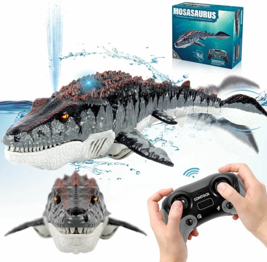 Fromeasy Remote Control Mosasaurus Dinosaur Boat - RC Swimming Pool Toy for Kids Ages 3-7 with LED Light & Water Spray, Bath Ocean Lake Diving Toys for Boys Girls