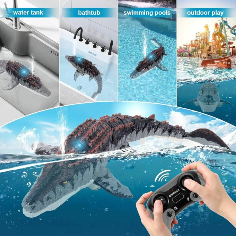 Fromeasy Remote Control Mosasaurus Dinosaur Boat - RC Swimming Pool Toy for Kids Ages 3-7 with LED Light & Water Spray, Bath Ocean Lake Diving Toys for Boys Girls