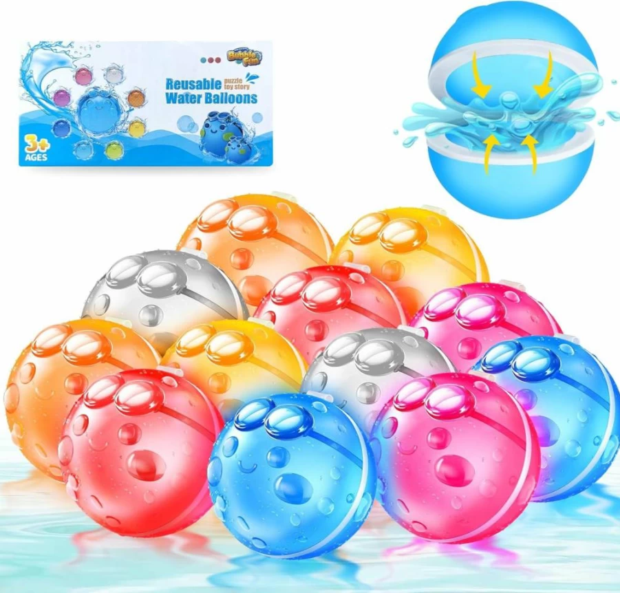 MAKE KIDS SMILE BUBBLE FUN 12 Pack Reusable Magnetic Water Balloons for Kids & Adults - Self-Sealing, Quick Fill, Silicone Water Toys for Summer, Pool, Beach Outdoor Fun
