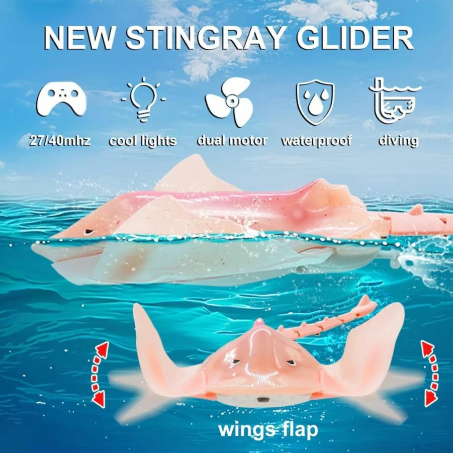 LAFALA Remote Control Stingray Pool Toy - High Simulation Swimming Manta Ray with LED Lights, Rechargeable RC Boat for Kids Ages 8-12, Summer Bath Tub & Outdoor Water Play Gift