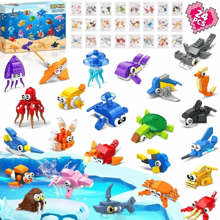 Demkia 24-Pack Marine Animals Building Blocks Set - 637 Pcs STEM Toys for Kids Ages 6-12, Party Favors Classroom Prizes, Easter Birthday Gifts for Boys & Girls