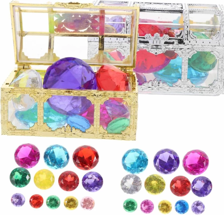 Kisangel Plastic Diamond Treasure Chest Toy Set for Kids - Pool Party Diving Gems, Jewelry Playset for Boys & Girls, Birthday Festival Decorations